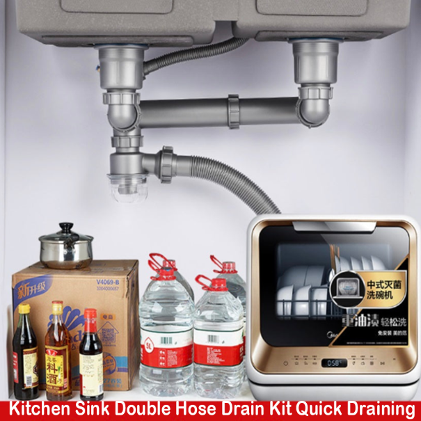Kit de desagüe para lavabo con doble manguera, kit de desagüe para fregadero doble, kit de desagüe universal, fácil de montar, desagüe rápido para fregadero de cocina.