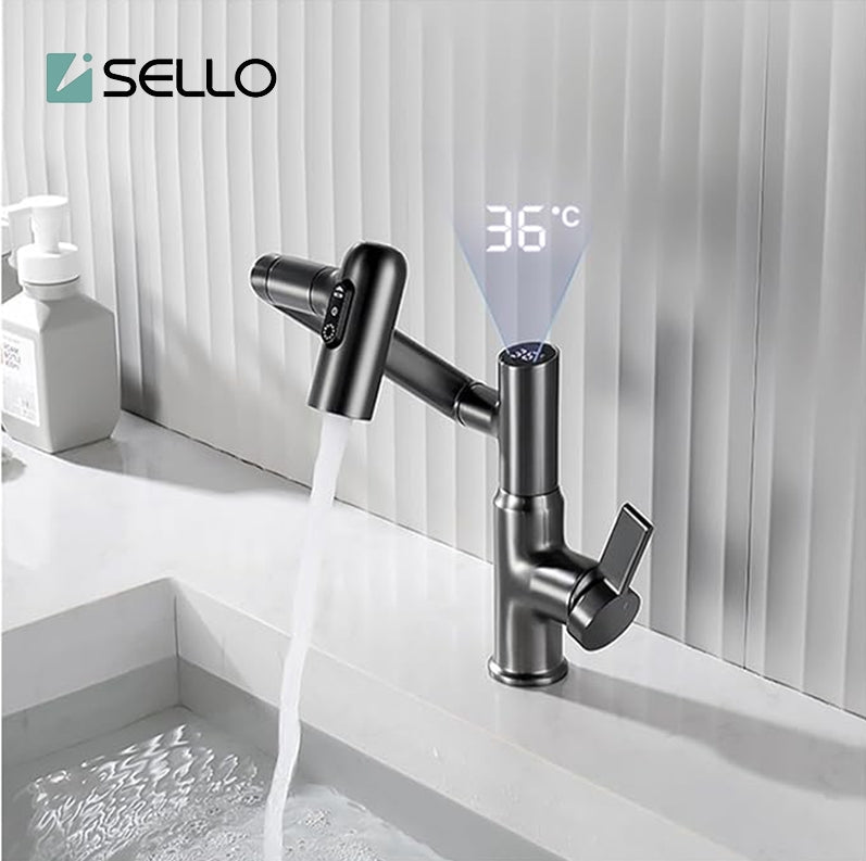 Grifo de lavabo con pantalla digital LED, rotación de 360°, rociador multifunción, mezclador de agua fría y caliente.