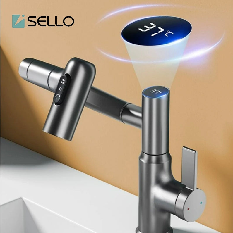 Grifo de lavabo con pantalla digital LED, rotación de 360°, rociador multifunción, mezclador de agua fría y caliente.