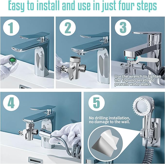 SELLO 3-In-1 Multifunctional Faucet with 360° Rotating Faucet and Massage Shower Head, Universal Interface for Sink faucet (Drill-Free Installation)