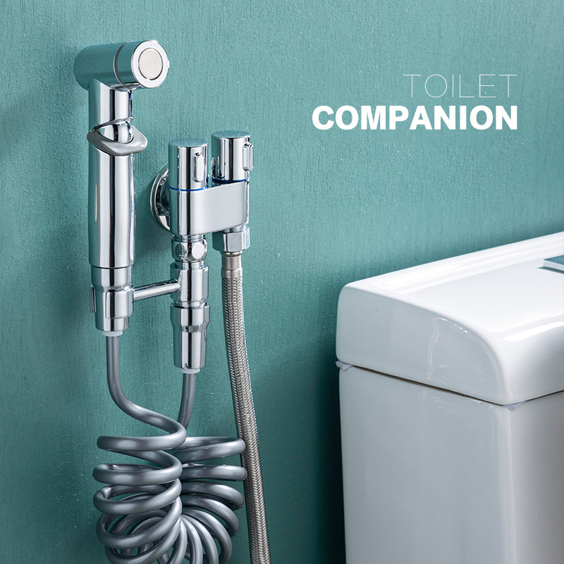 1-In-2-Out Dual Control Valve Handheld Bidet Sprayer Toilet Bathroom with Spring Hose Wall BracketSet