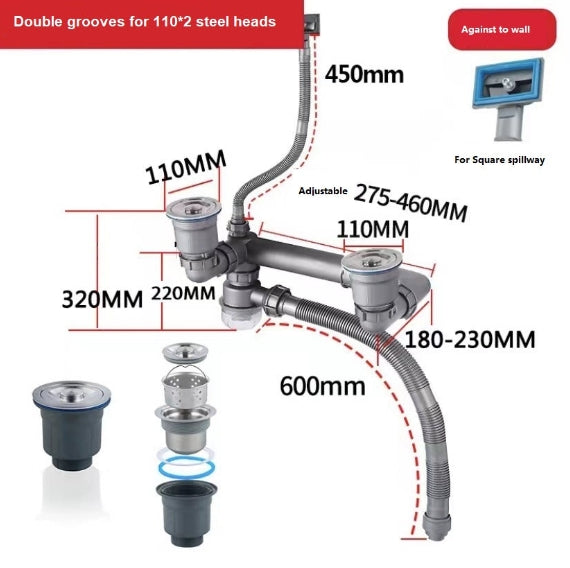 Washbasin Double Hose Drain Kit，Double Sink Drain Kit，UniversalDrainKit Easy To AssembleQuick Draining for Kitchen Sink