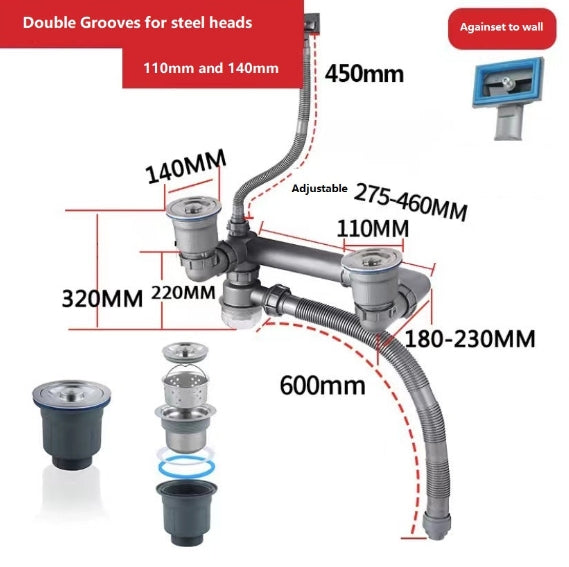 Washbasin Double Hose Drain Kit，Double Sink Drain Kit，UniversalDrainKit Easy To AssembleQuick Draining for Kitchen Sink