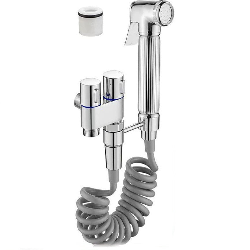 1-In-2-Out Dual Control Valve Handheld Bidet Sprayer Toilet Bathroom with Spring Hose Wall BracketSet