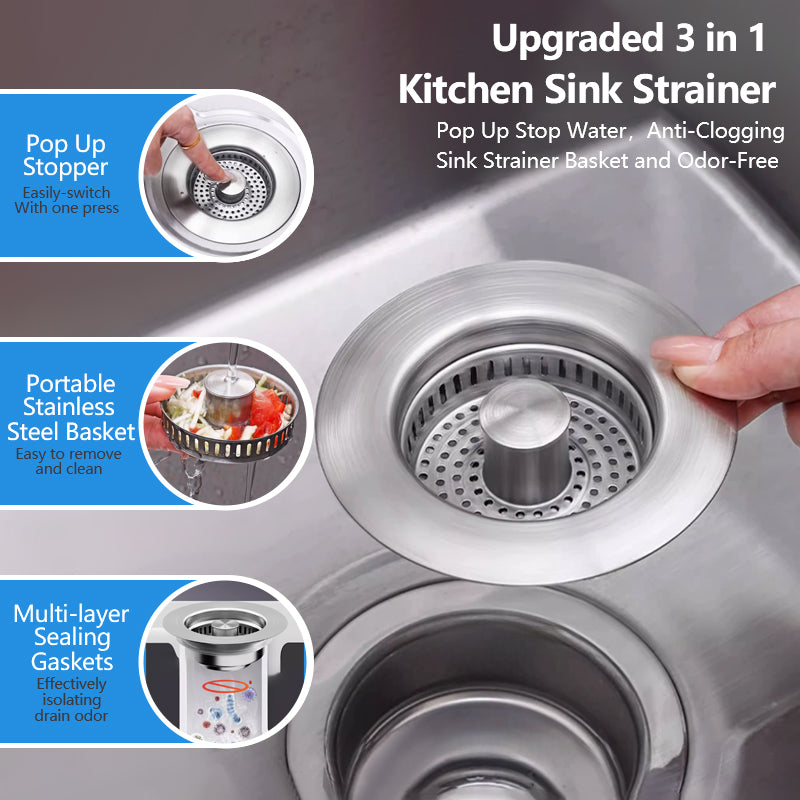 Upgraded 3 in 1 Kitchen Sink Drain Strainer - Stainless Steel Pop Up Sink Stopper, Anti-Clogging Sink Basket, Fast Drainage Kitchen Sink Plug for US Standard 3-1/2 Inch Drain