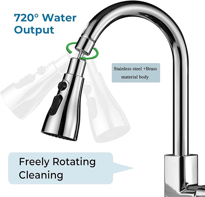 Kitchen Faucet Head Replacement,3-Function Pull Down Sink Sprayer Attachment for Faucet Pull Out Spray Head for Kitchen 720° Rotating Faucet Head for Kitchen Sink