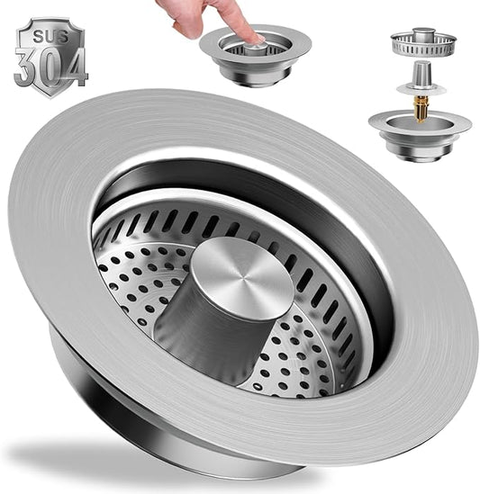 Upgraded 3 in 1 Kitchen Sink Drain Strainer - Stainless Steel Pop Up Sink Stopper, Anti-Clogging Sink Basket, Fast Drainage Kitchen Sink Plug for US Standard 3-1/2 Inch Drain