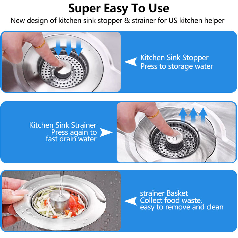 Upgraded 3 in 1 Kitchen Sink Drain Strainer - Stainless Steel Pop Up Sink Stopper, Anti-Clogging Sink Basket, Fast Drainage Kitchen Sink Plug for US Standard 3-1/2 Inch Drain