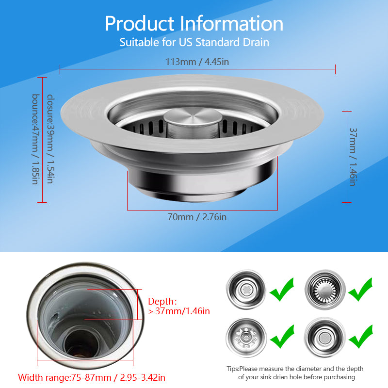 Upgraded 3 in 1 Kitchen Sink Drain Strainer - Stainless Steel Pop Up Sink Stopper, Anti-Clogging Sink Basket, Fast Drainage Kitchen Sink Plug for US Standard 3-1/2 Inch Drain